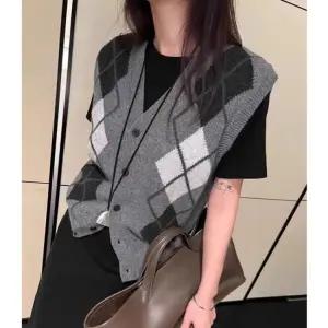 아가일 니트 베스트 가디건 데일리룩 연예인스타일 조끼 그레이 S