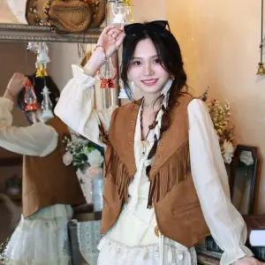 여성 태슬 조끼 스웨이드 빈티지룩 복고 레트로 민소매 다크브라운 프리 사이즈