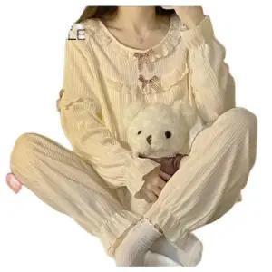 봄 가을 여성의 새로운 잠옷 나비 레이스 칼라 긴 소매 공주 스타일 스위트 코트 가정용 투피스 양복