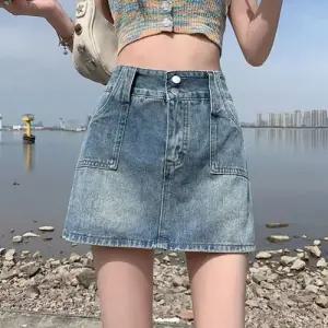 EAMT 치마 청 하프 빈티지 여성치마 통풍방지 얇은 복고 A라인 하이웨스트 힙업 YJ1