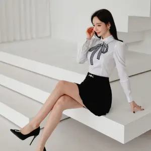 EAMT 여성치마 봄가을 셔츠+스커트 세트 리본 긴팔 블라우스 허리여밈 A라인 스커트 투피스 YJ3