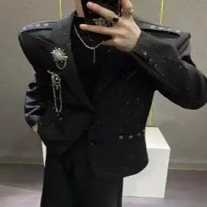 픽호샵 남자 블랙 봄 키작남 코트 정장 안개꽃 패션 브로치 장식 자켓 꾹1