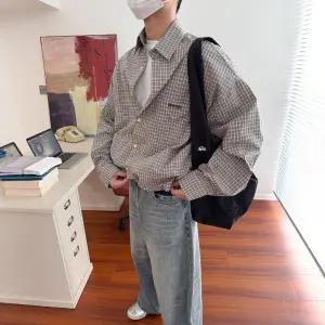 키체샵 빈티지 남성용 체크 셔츠 자수 봄가을 긴팔 HO3