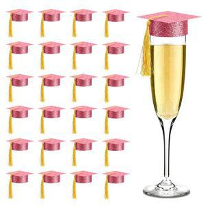 MotiMind 60피스 2026 미니 졸업 병 토퍼 졸업식 (핑크) 캡 케이크 팝 파티 모양 태슬 장식 모자 컵 장식용 커버 와인