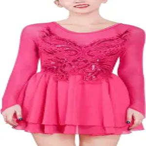 여성용 ODASDO 피겨 스케이팅 드레스 메쉬 긴팔 크리스 크로스 백 시퀸 비드 쉬폰 스커트 레오타드