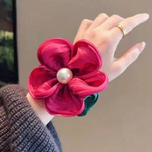 플라워 진주 장식 밴드 곱창 머리끈 핫핑크 헤어 슈슈 똥머리