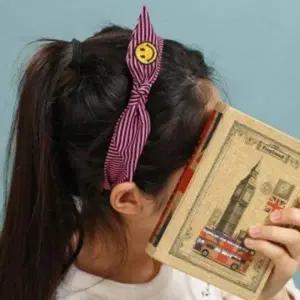 스마일 자수 스트라이프 헤어밴드 연핑크 컬러 머리띠 귀염뽀짝