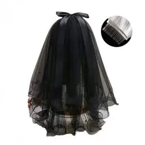 [골드스마일]셀프웨딩 면사포 리본 진주장식 2겹 블랙 웨딩촬영 소품