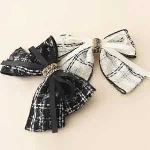 [골드스마일]트위드 겹리본 자동 헤어핀 간결한 가을 겨울 머리끈 여성용