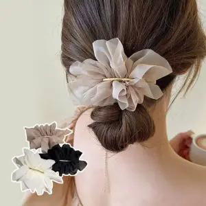 [골드스마일]쉬폰 골드라인 장식 여성 자동 헤어핀 묶음 머리삔 봄 여름 꽃 머리