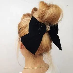 고급 여성 벨벳 반묶음 헤어핀 체인 장식 블랙 겨울용 왕리본