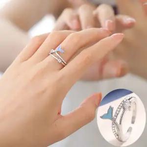 행운 반지 물고기 모양 블루 인어 우정 시험 지르콘 큐빅 오픈 링