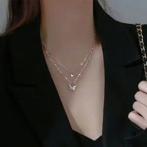 2줄 나비 펜던트 혼합 체인 목걸이 큐빅 장식 심플 포인트 데일리