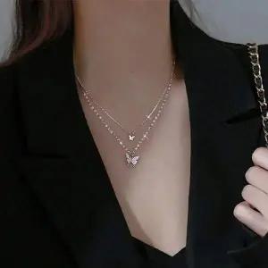 2줄 나비 펜던트 혼합 체인 목걸이 큐빅 장식 심플 포인트 데일리