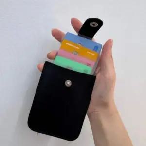 블랙 버튼형 인조가죽 휴대용 미니 카드지갑 케이스 교통카드 명함