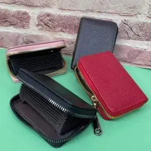 핑크 인조가죽 지퍼 휴대용 미니 카드지갑 케이스 교통카드