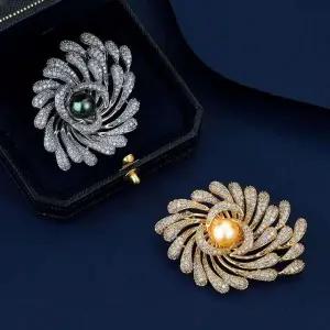 화려한 불꽃 모양 흑진주 핑크진주 지르코니아 큐빅 브로치