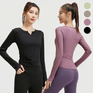 필라테스 러닝 긴팔운동복 셔링 헬스 브이넥 솔리드 긴팔 요가복