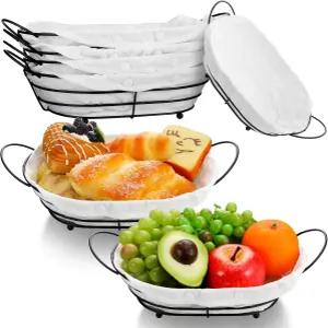 캐스플라이 4개 금속 빵 서빙 바구니와 라이너 천 12 x 8 4 인치 테이블 블랙 와이어 디너 패스트 푸드