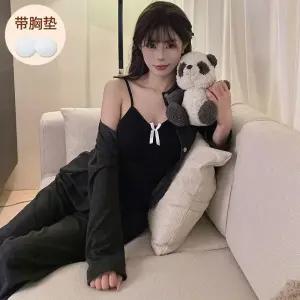 가을 겨울 캐시미어 면라이크 나시리스 잠옷세트 쓰리피스 코트 잠옷 긴바지 커플 HT4