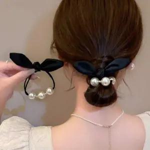여성용 당고 머리끈 진주 장식 헤어 밴드 검정 헤어 고무줄 단단한