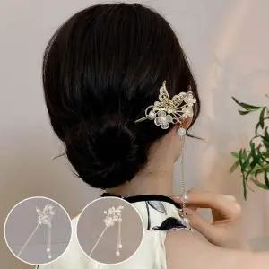 플라워 나비 진주 헤어핀 웨딩 올림머리 일자 비녀 스노우 펄