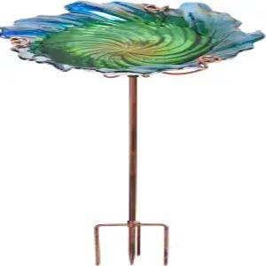 금속 말뚝 그린이 있는 유리 버드 배스 야외 가든 버드피더(높이 26인치)