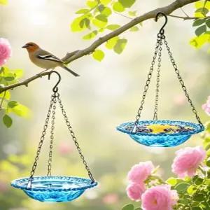 야외용 Aiqriwv 2팩 걸이식 조류 목욕 및 피더 플라스틱 그릇 정원 장식용 매달이식 네이처 블루