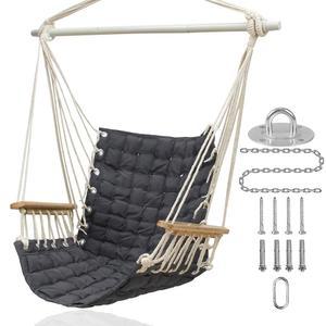 나무 팔걸이가 달린 미끄럼 300파운드 바와 방지 스틸 데크 현관 침실 면직물 야외 스프레더 의자 걸이 최대 실내 파티오 그레이 해먹 ROOITY