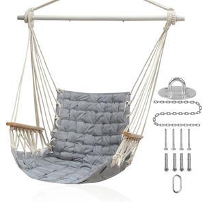 업그레이드 나무 팔걸이가 스프레더 바와 미끄럼 스틸 그레이 의자 파티오 걸이 실내 조명 달린 침실 최대 300파운드 현관 방지 면직물 해먹 데크