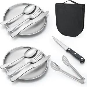 야외 캠핑 및 피크닉 식기 세트 스테인리스 스틸 나이프 포크 숟가락 접시 음식 집게 휴대용 보관 가방