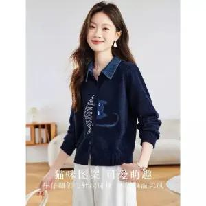 니트 청 여친 빈티지 봄 무지데님 셔츠 넥 카디건 고양이 자수 스웨터 상의 원픽1