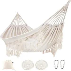 2인용 마크라메 프린지가 있는 ROOITY 실내 해먹 태슬이 더블 보호 외부용 여행 가방이 휴대용 면 로프