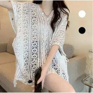 브이넥 니트 언발 비치커버업