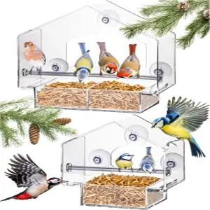 해터템프트 창문 새 모이통 - 2개 세트 투명 플라스틱 강력한 흡입 컵이 있는 다람쥐 방지 디자인 야외 및