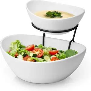 메탈 스탠드가 있는 말라카사 2단 칩 앤 딥 서빙 세트 파티용 세라믹 애피타이저 그릇 과일 스낵 흰색