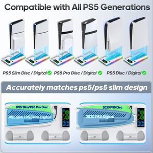 호환 PS5/PS5 Slim/PS5 Pro 스탠드(헤드폰 후크 포함) 냉각 스탠드컨트롤러 충전 스테이션(3레벨 팬