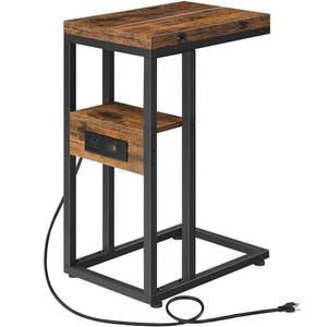 후브로 접이식 엔드 테이블, 충전소가 있는 C자형 사이드 테이블, 거실 침실 작은 공간, 쉬운 조립, 러스틱 브라운 및 블랙 BF29USF01을 위한 슬라이드형 소파 소파 테이블