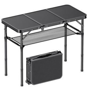 접이식 캠핑 테이블, 3피트 접이식 휴대용 캠핑 테이블, 높이 조절 가능한 야외 및 실내 피크닉 테이블, 최대 27.1인치, 경량 알루미늄 캠핑 테이블, 자동차 캠핑 필수품-퓨어 블랙