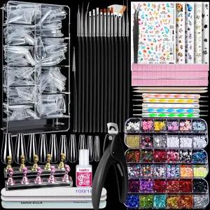 네일 키트의 티니터 프레스 - 클리어 코핀 팁 아트 브러시 도팅 펜 글리터 스티커 및 라인스톤