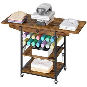 후브로 3단 이동식 열 프레스 테이블, 비닐 롤 홀더와 서랍이 있는 접이식 열 전달 스탠드, 헤비 듀티 롤링 크래프트 테이블, DIY 승화를 위한 이동식 작업대 카트, 러스틱 브라운 BF84CJ01