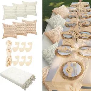 비버 91 x 71 초대형 야외 보호 피크닉 담요와 베이지 화이트 테이블 러너 6 던지기 베개 커버 냅킨 직조