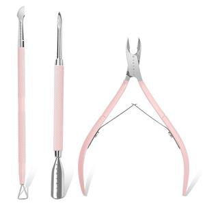 마카트 트리머 푸셔 3 PCS 핑크 네일 니퍼 페디 매니 도구 스테인리스 스틸 듀얼 엔드 스크레이퍼