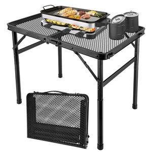 야외 바비큐를 위한 2x1.3피트 접이식 캠핑 테이블 그릴 테이블, 메쉬 데스크가 있는 금속 휴대용 스탠드, 조절 가능한 높이의 경량 바비큐 블랙