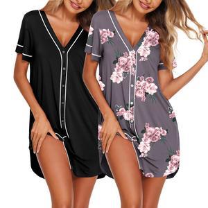 에쿠아르 잠옷 여성용 2팩 버튼 다운 슬립 셔츠 반팔 야상 V넥 슬립웨어 소프트 파자마 드레스