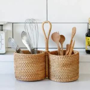 라탄 원형 미니 바구니 2구 수납 주방 다용도 꽂이