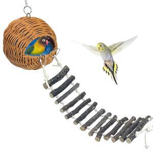 VCEPJH 라탄 둥지 오두막 번식 CONURE 사다리가 있는 잉꼬 벽걸이 그라운드 FINCH BUDGIES 앵무새 새장 은신처 팔리 COCKATIEL