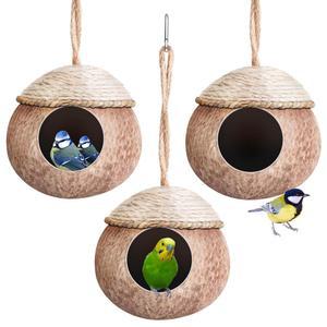 SUZILE 3피스 천연 코코넛 앵무새 핀치 숨기기 걸이식 다람쥐 햄스터용 장식 새장 번식 오두막 케이지 꼬챙이 잉꼬 둥지 서식지
