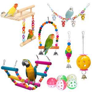 FRGKBTM 11피스 플랫폼 스탠드 걸이식 등반 새장 씹는 앵무새 코누레 꼬치새 핀치용 스윙 잉꼬 장난감 사다리 다채로운