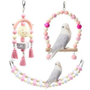 3피스 장난감 채집 씹는 케이지 액세서리 새장 스윙 핑크 행잉 버지 CONURE 앵무새 잉꼬 등반 사다리